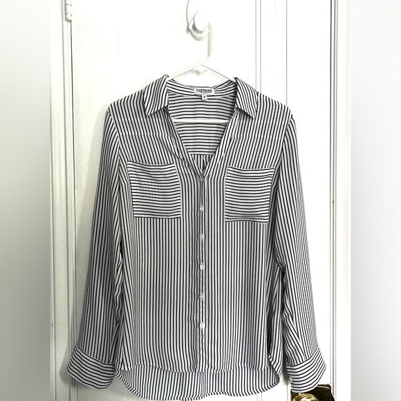 EXPRESS PORTOFINO SHIRT - SLIM FIT - SIZE MEDIUM - BLACK/WHITE STRIPE - Picture 1 of 5